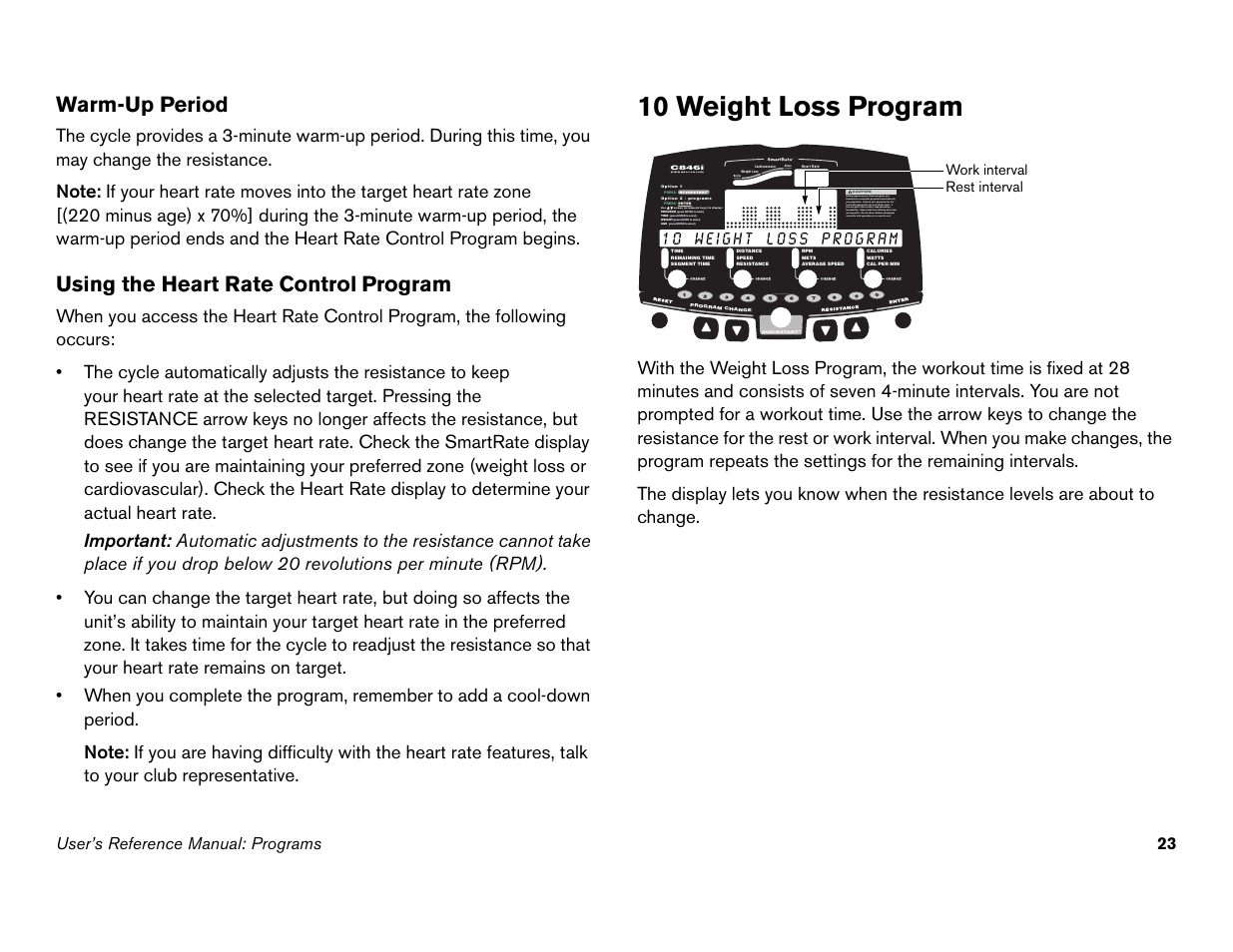 10 weight loss program, Warm-up period, Using the heart rate control | Program, Press enter to select), User’s reference manual: programs 23 | Precor C842i User Manual | Page 57 / 72