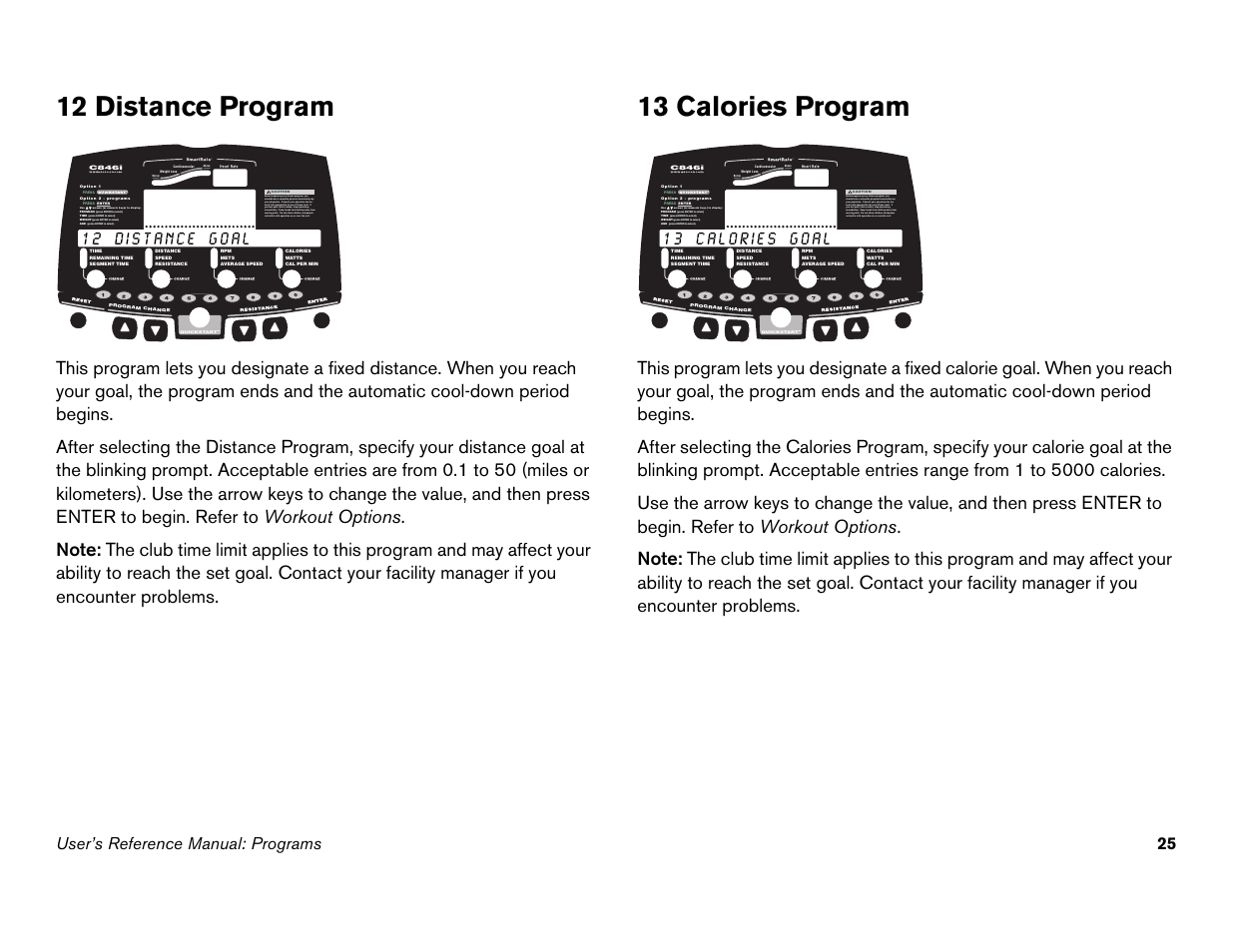 12 distance program, 13 calories program, 12 distance program 13 calories program | Press enter to select), User’s reference manual: programs 25 | Precor C842i User Manual | Page 59 / 72