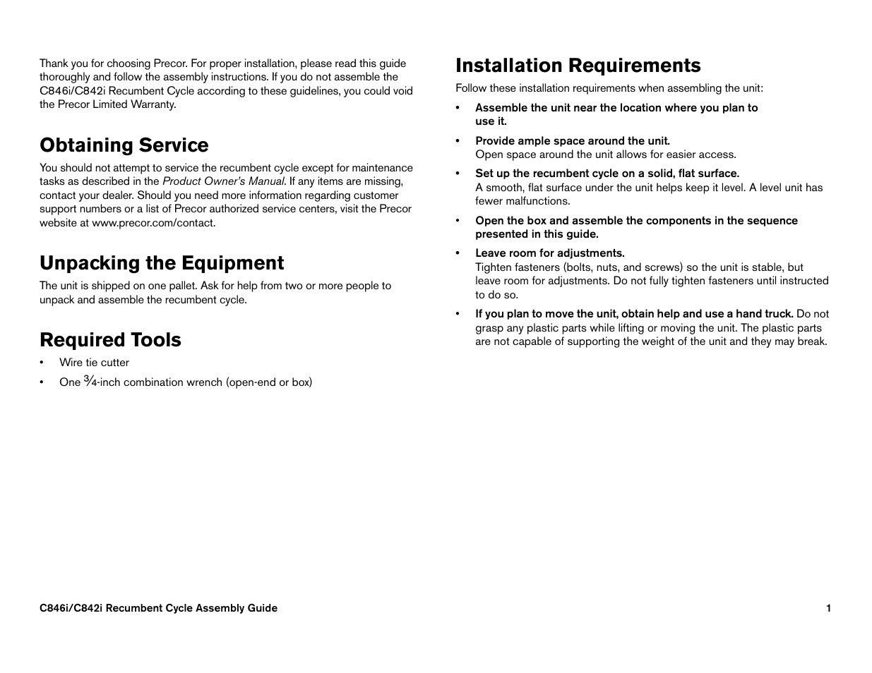 Obtaining service, Unpacking the equipment, Required tools | Installation requirements | Precor C842i User Manual | Page 67 / 72