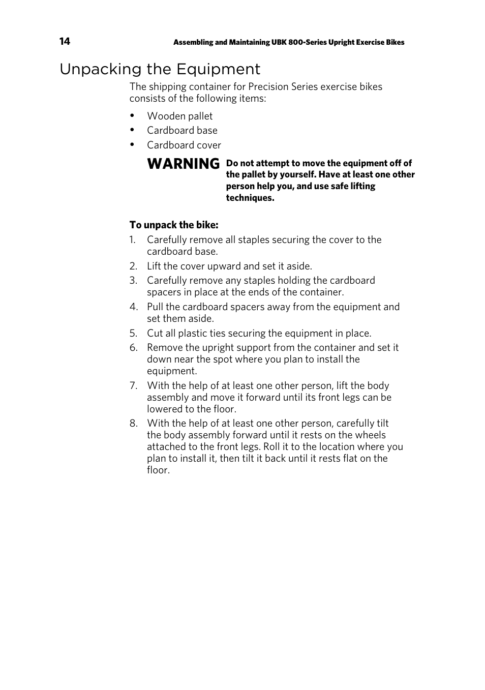 Unpacking the equipment, Warning | Precor UBK 800-SERIES User Manual | Page 16 / 100