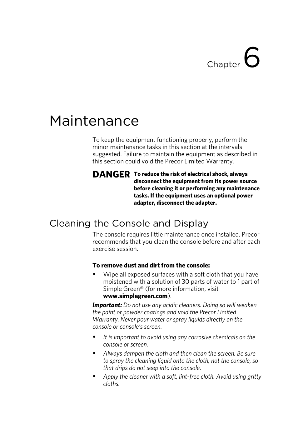 Maintenance, Cleaning the console and display, Danger | Precor UBK 800-SERIES User Manual | Page 99 / 100