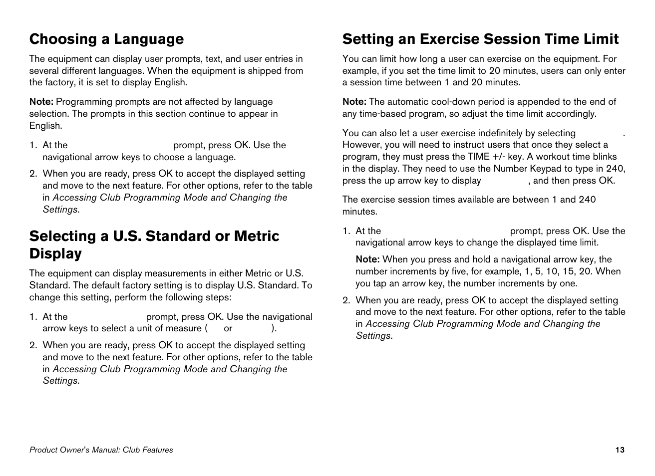 Choosing a language, Selecting a u.s. standard or metric display, Setting an exercise session time limit | Precor 100i User Manual | Page 15 / 80