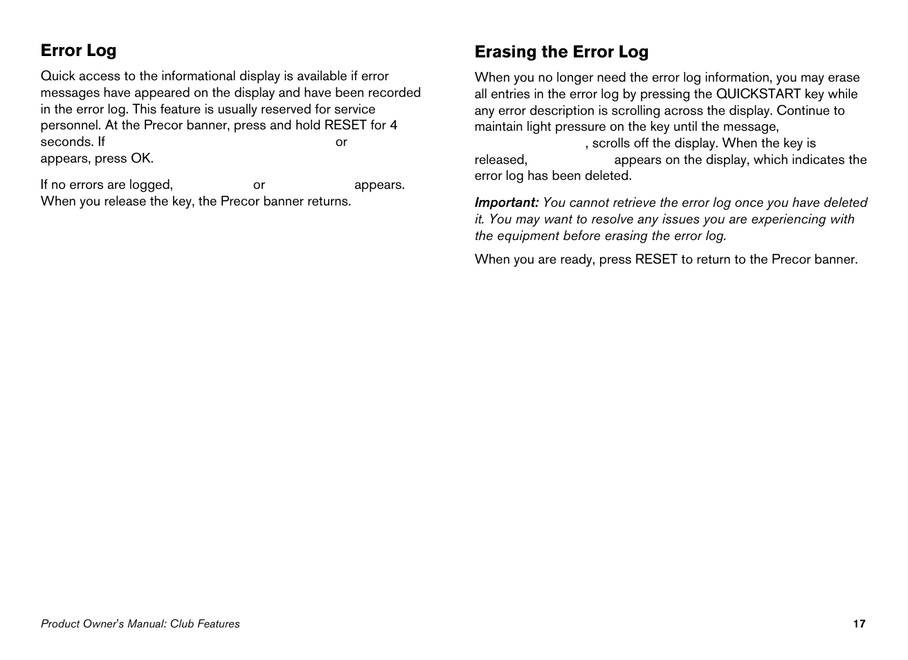 Error log, Erasing the error log | Precor 100i User Manual | Page 19 / 80