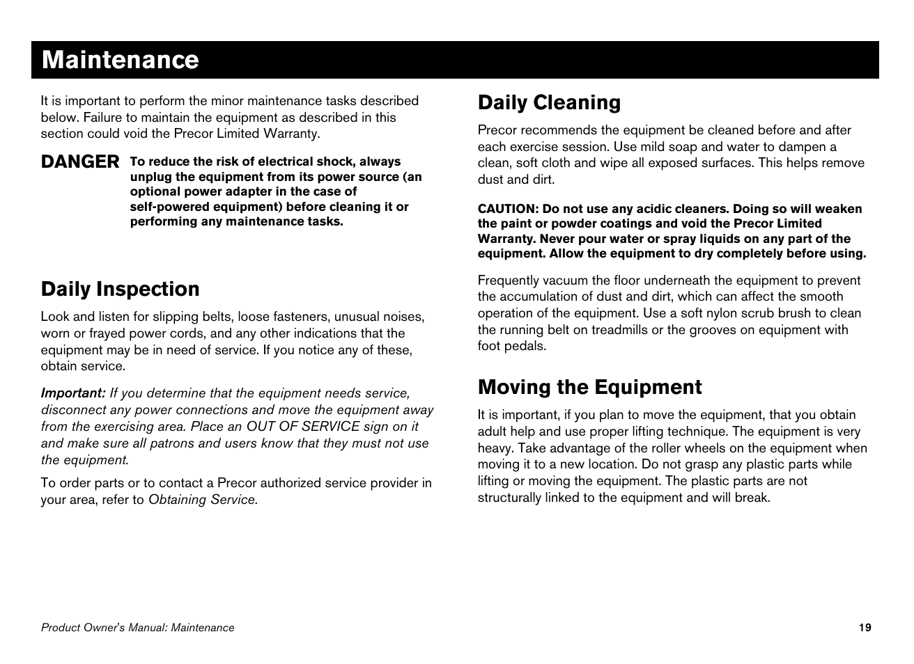 Maintenance, Daily inspection, Daily cleaning | Moving the equipment | Precor 100i User Manual | Page 21 / 80