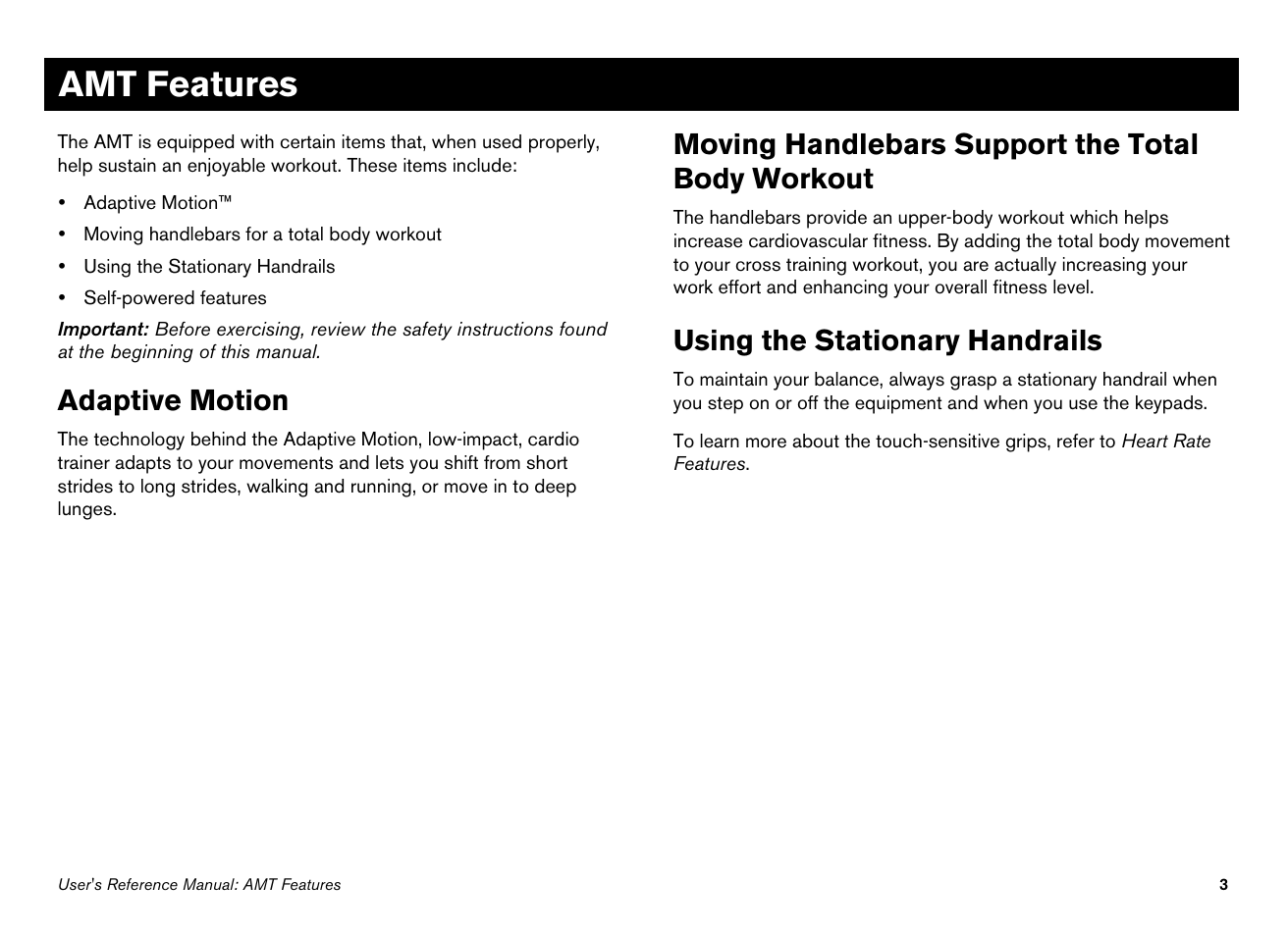 Amt features, Adaptive motion, Moving handlebars support the total body workout | Using the stationary handrails | Precor 100i User Manual | Page 33 / 80