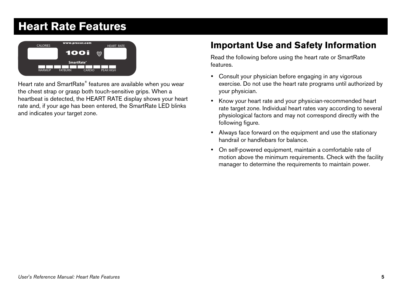 Heart rate features, Important use and safety information | Precor 100i User Manual | Page 35 / 80