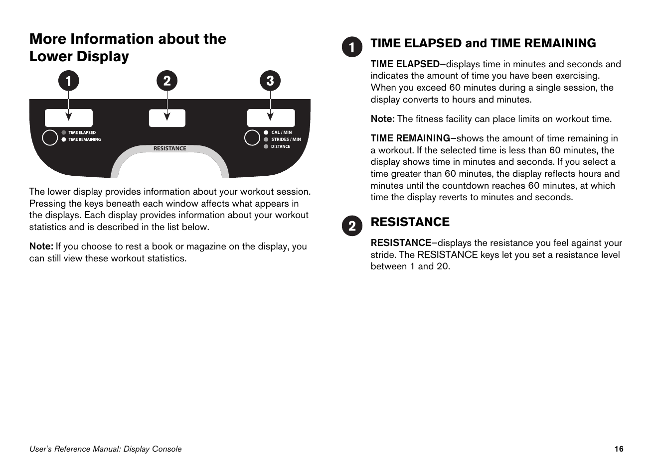 More information about the lower display, Time elapsed and time remaining, Resistance | Precor 100i User Manual | Page 46 / 80