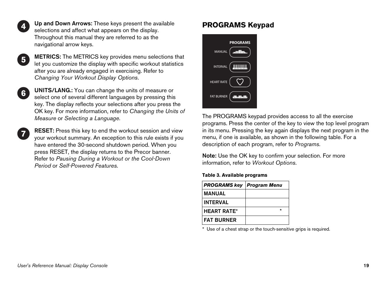 Programs keypad | Precor 100i User Manual | Page 49 / 80