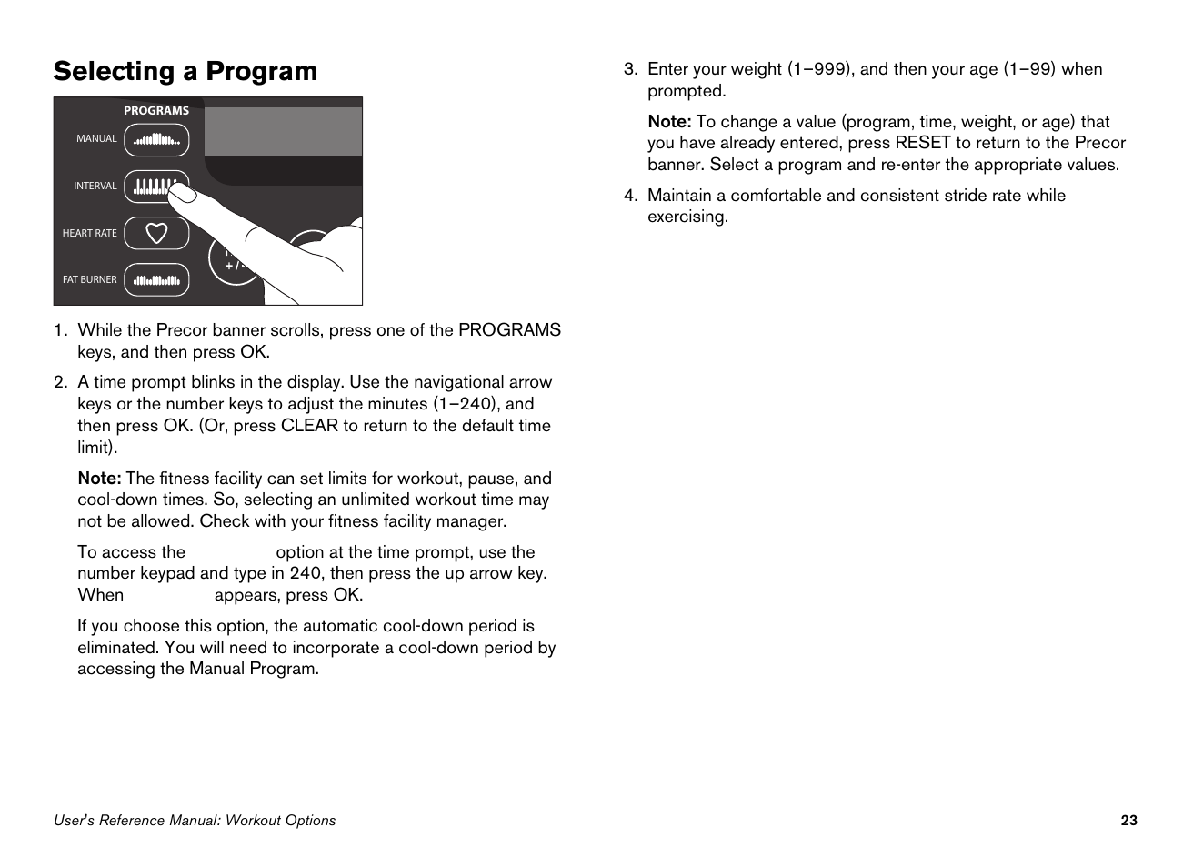 Selecting a program | Precor 100i User Manual | Page 53 / 80