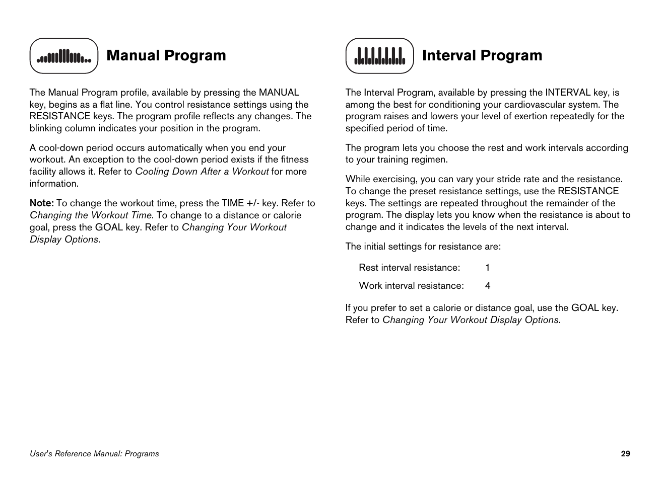 Manual program, Interval program | Precor 100i User Manual | Page 59 / 80