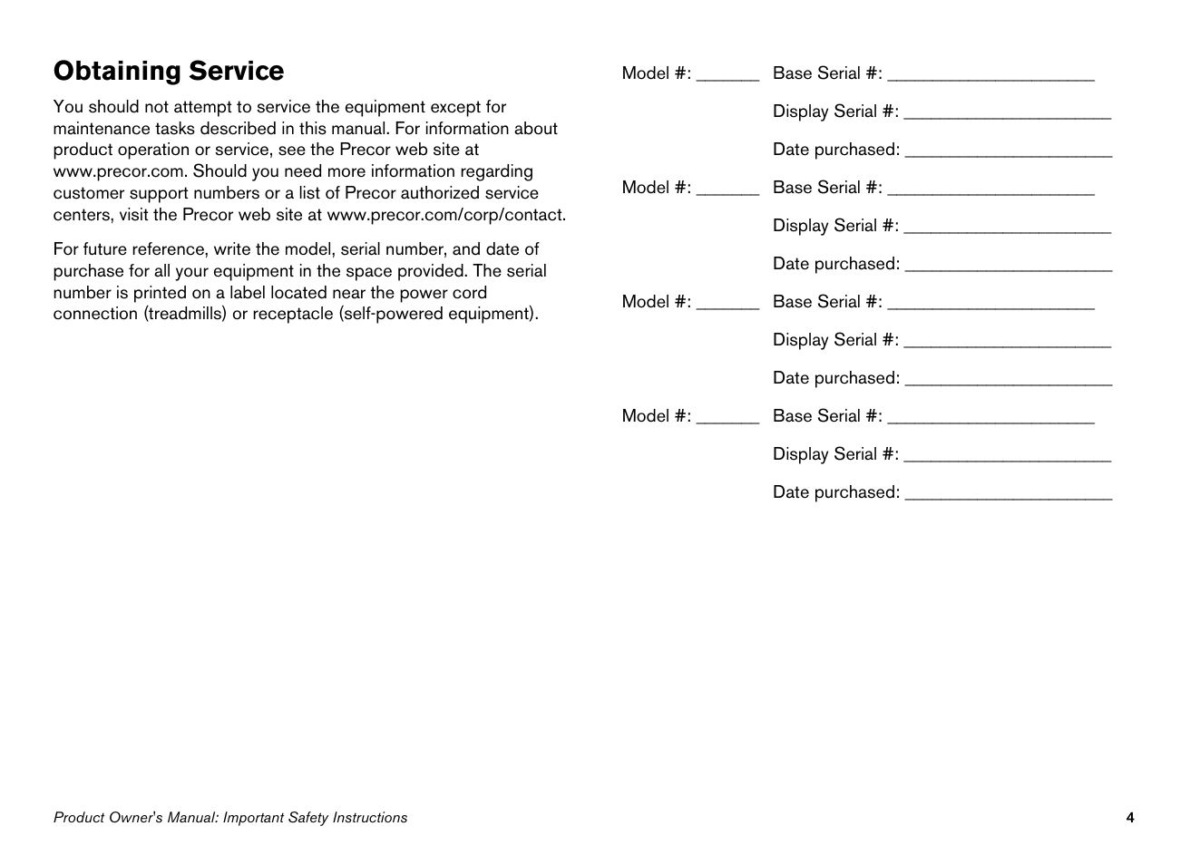 Obtaining service | Precor 100i User Manual | Page 6 / 80