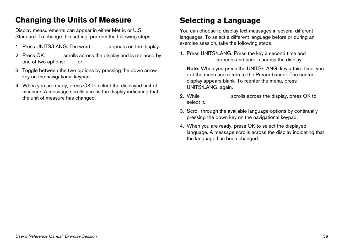 Changing the units of measure, Selecting a language | Precor 100i User Manual | Page 66 / 80