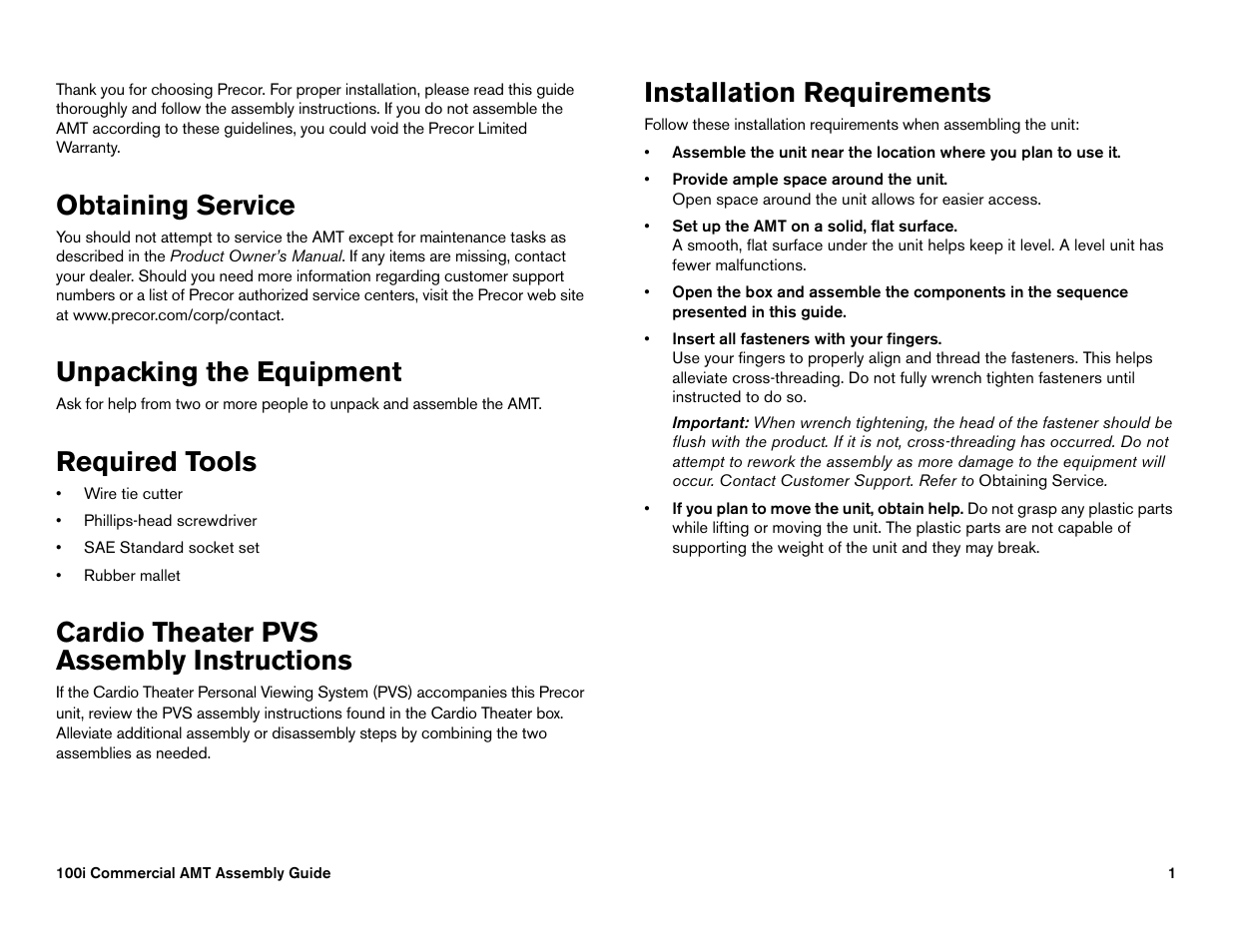 Obtaining service, Unpacking the equipment, Required tools | Cardio theater pvs assembly instructions, Installation requirements | Precor 100i User Manual | Page 71 / 80