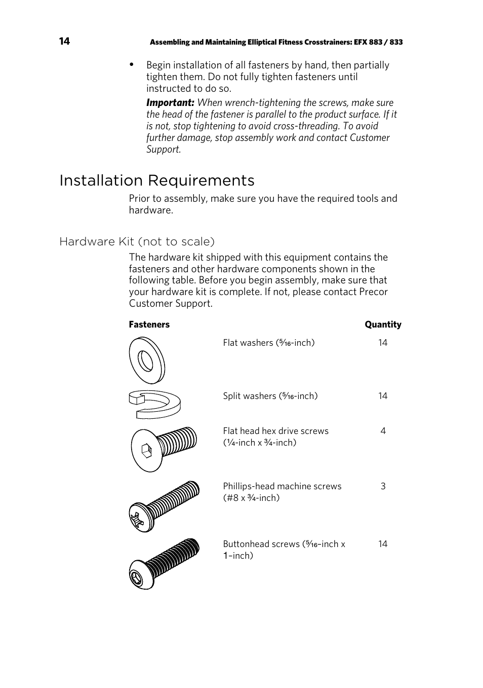 Installation requirements, Hardware kit (not to scale) | Precor EFX 883 User Manual | Page 16 / 104