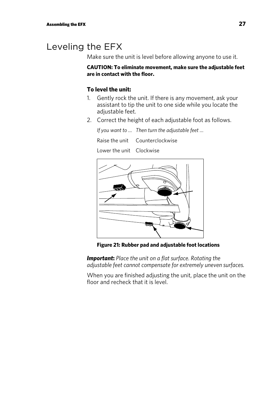 Leveling the efx | Precor EFX 883 User Manual | Page 29 / 104