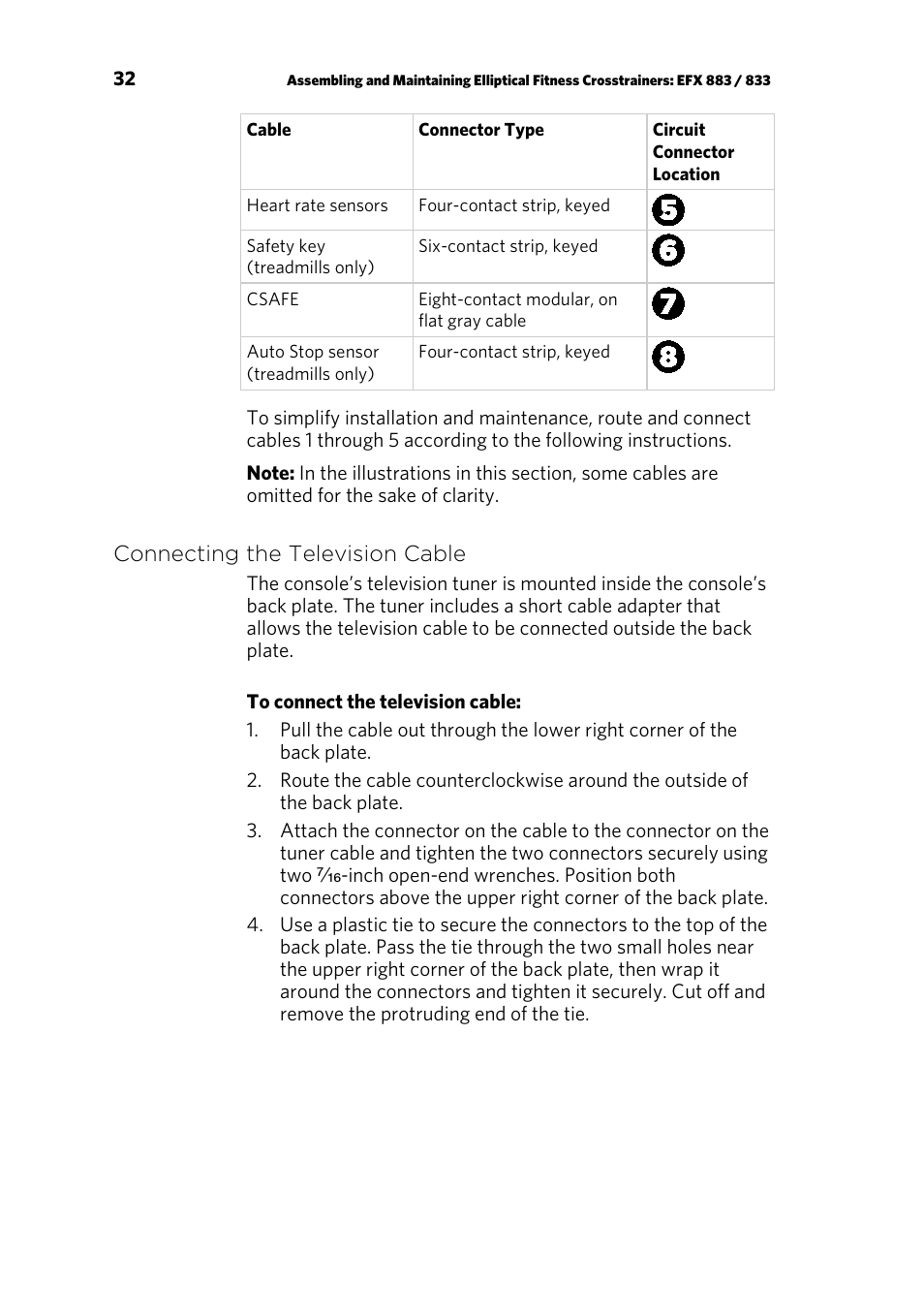 Connecting the television cable | Precor EFX 883 User Manual | Page 34 / 104