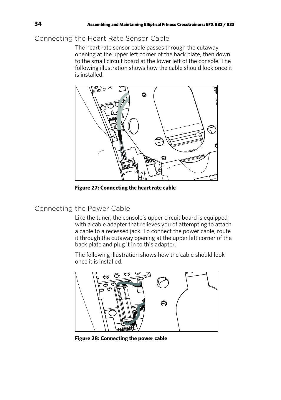 Connecting the heart rate sensor cable, Connecting the power cable | Precor EFX 883 User Manual | Page 36 / 104