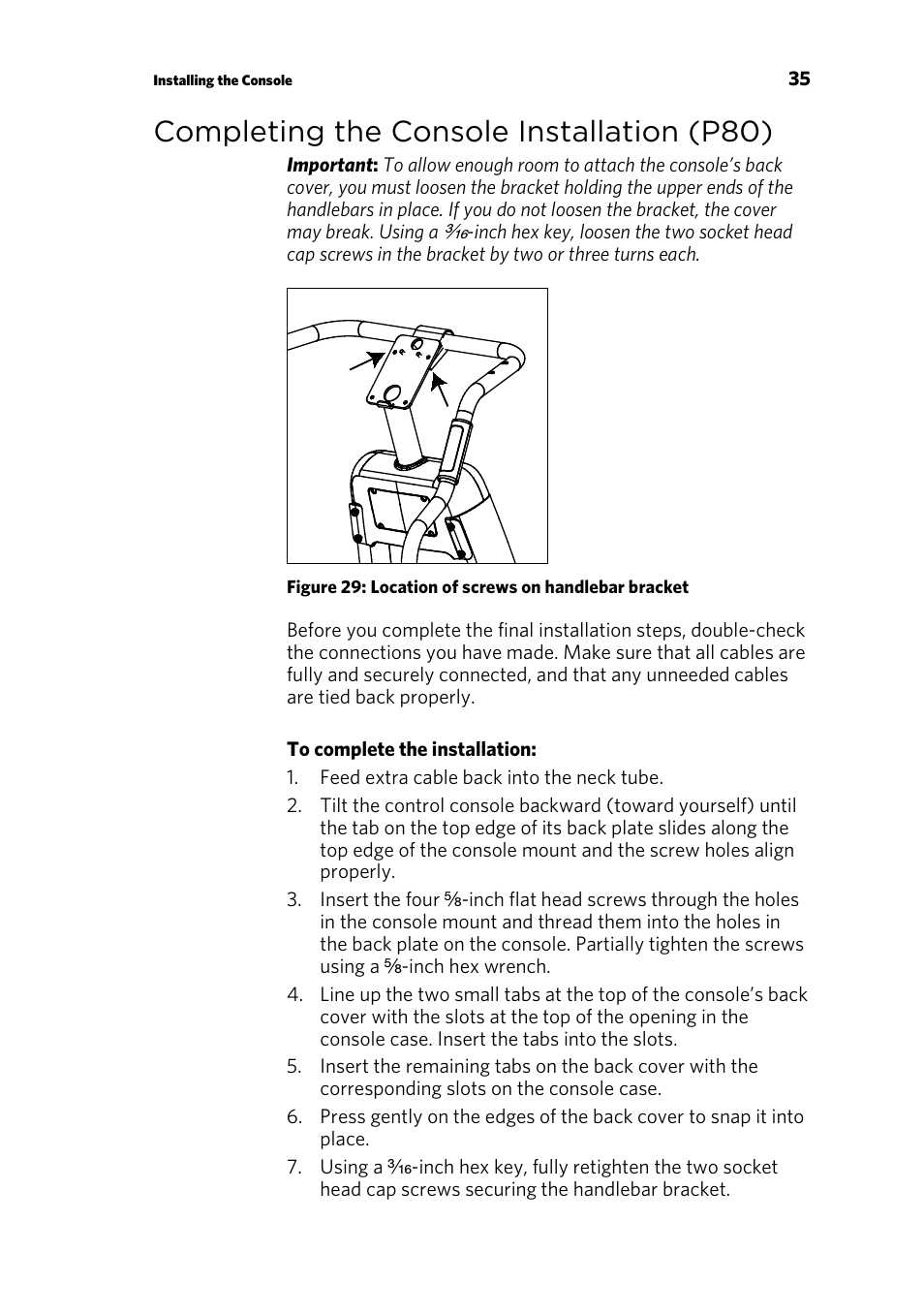 Completing the console installation (p80) | Precor EFX 883 User Manual | Page 37 / 104