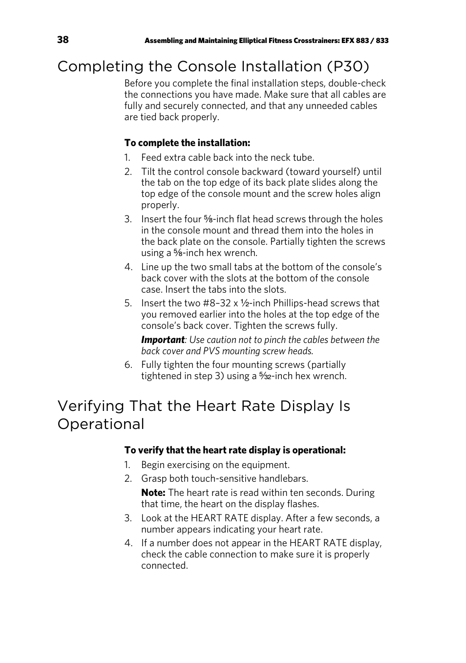 Completing the console installation (p30) | Precor EFX 883 User Manual | Page 40 / 104