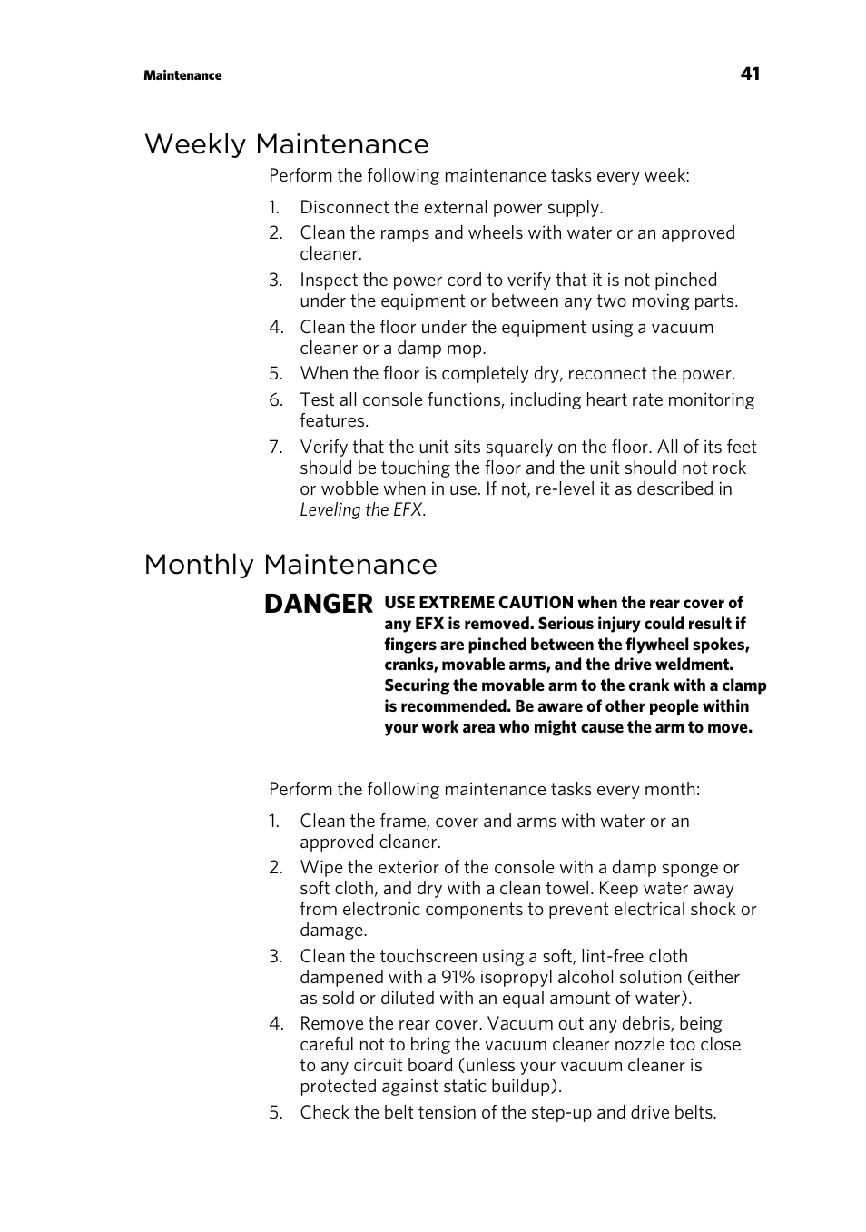 Weekly maintenance, Monthly maintenance, Monthly maintenance danger | Precor EFX 883 User Manual | Page 43 / 104