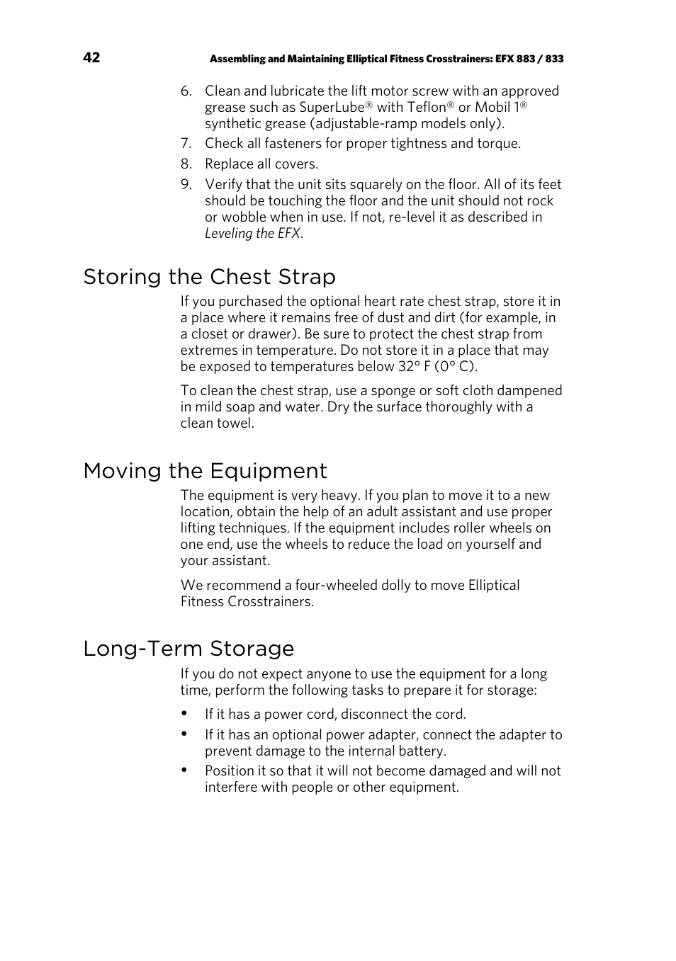 Storing the chest strap, Moving the equipment, Long-term storage | Precor EFX 883 User Manual | Page 44 / 104