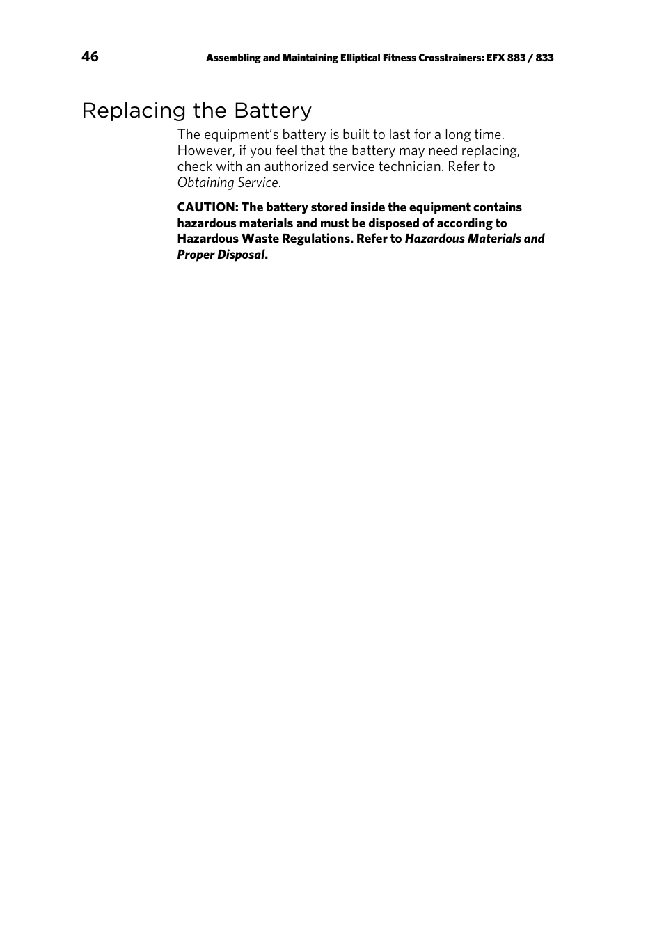 Replacing the battery | Precor EFX 883 User Manual | Page 48 / 104