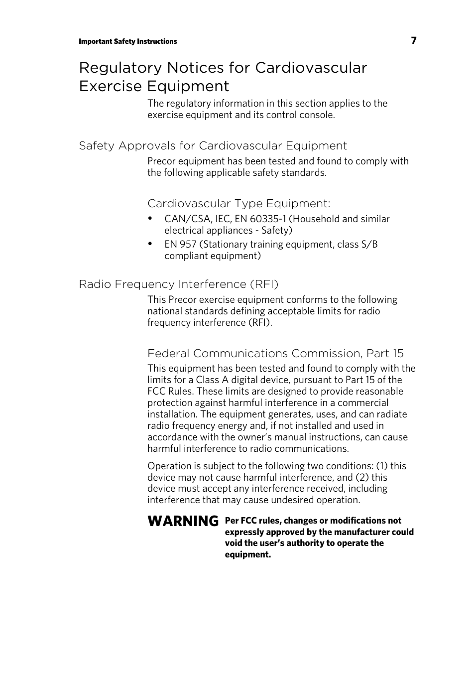 Safety approvals for cardiovascular equipment, Radio frequency interference (rfi), Warning | Precor EFX 883 User Manual | Page 65 / 104