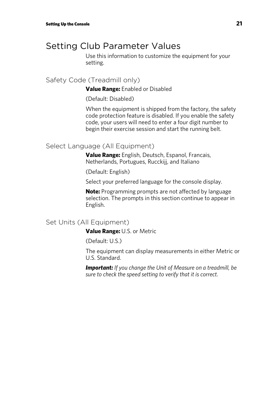 Setting club parameter values, Safety code (treadmill only), Select language (all equipment) | Set units (all equipment) | Precor EFX 883 User Manual | Page 79 / 104