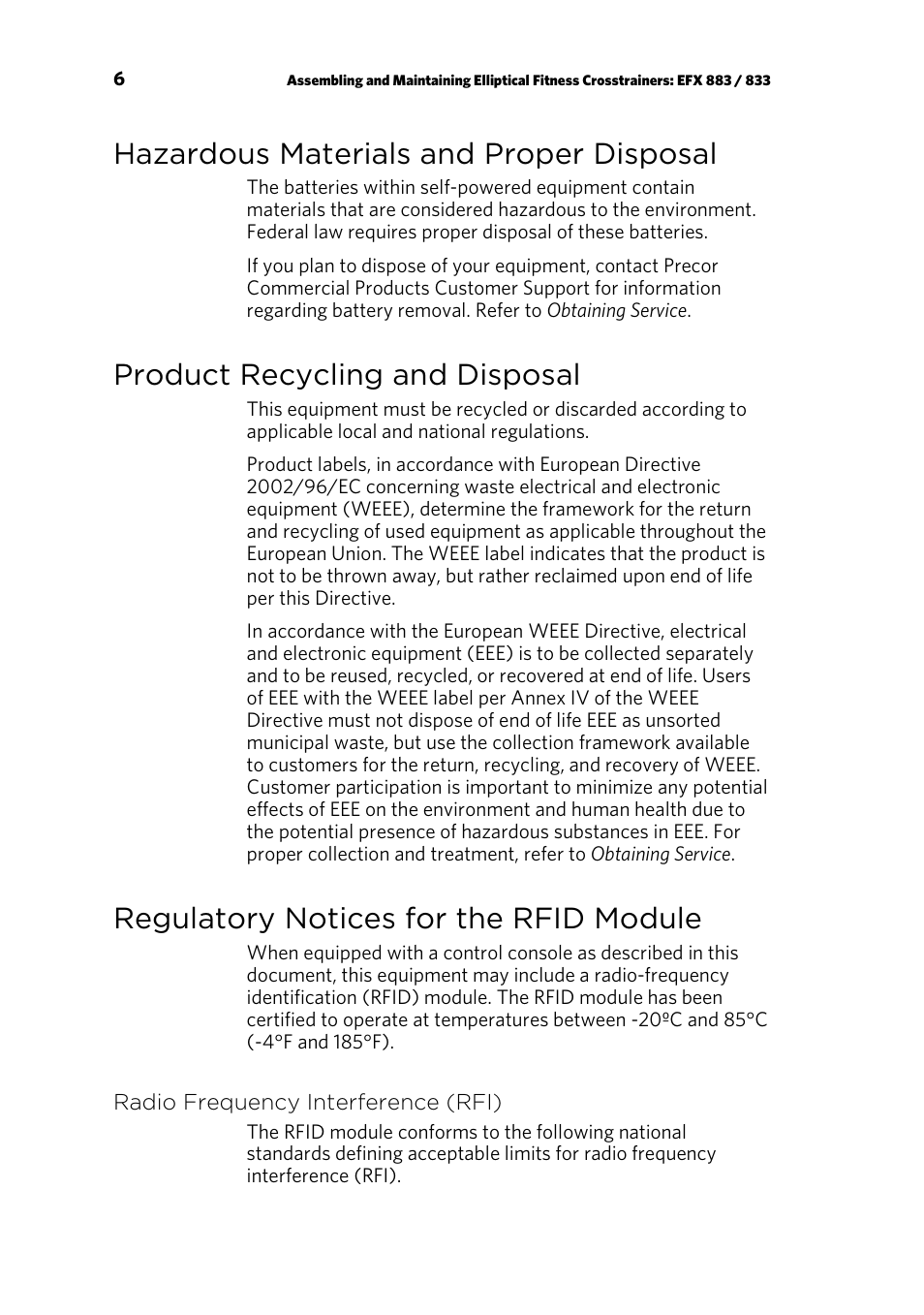 Hazardous materials and proper disposal, Product recycling and disposal, Regulatory notices for the rfid module | Radio frequency interference (rfi) | Precor EFX 883 User Manual | Page 8 / 104