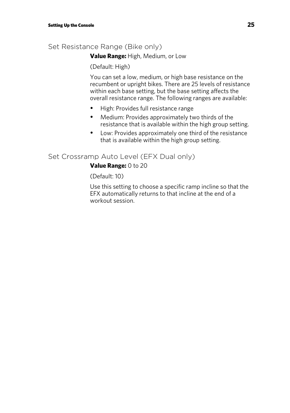 Set resistance range (bike only), Set crossramp auto level (efx dual only) | Precor EFX 883 User Manual | Page 83 / 104