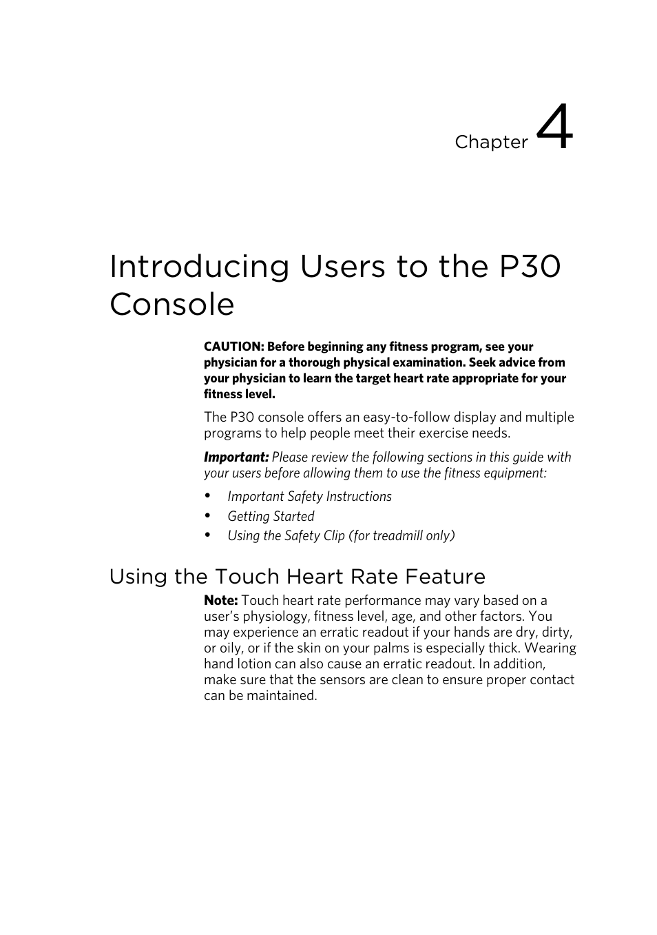 Introducing users to the p30 console, Using the touch heart rate feature | Precor EFX 883 User Manual | Page 89 / 104