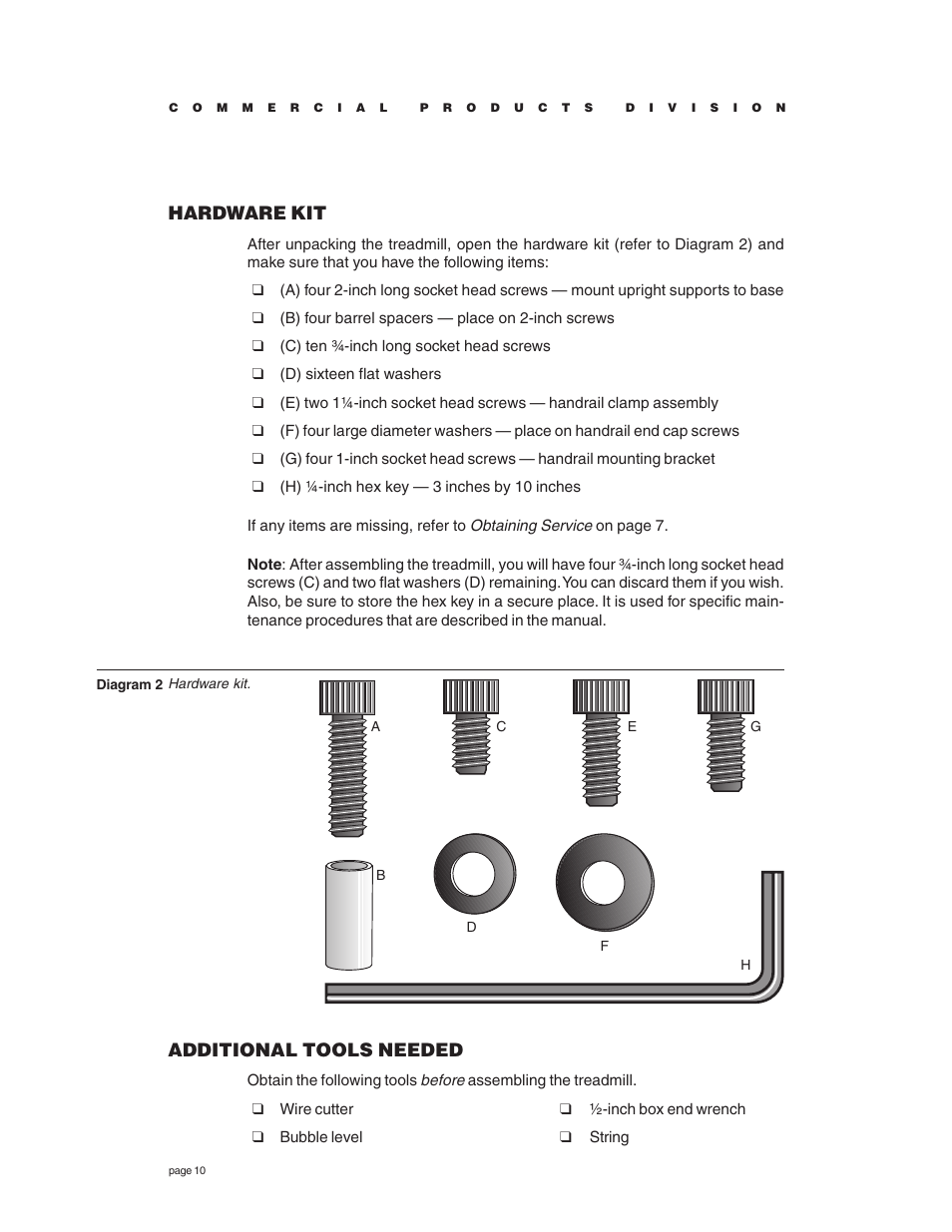 Hardware kit, Additional tools needed | Precor C936i User Manual | Page 10 / 52