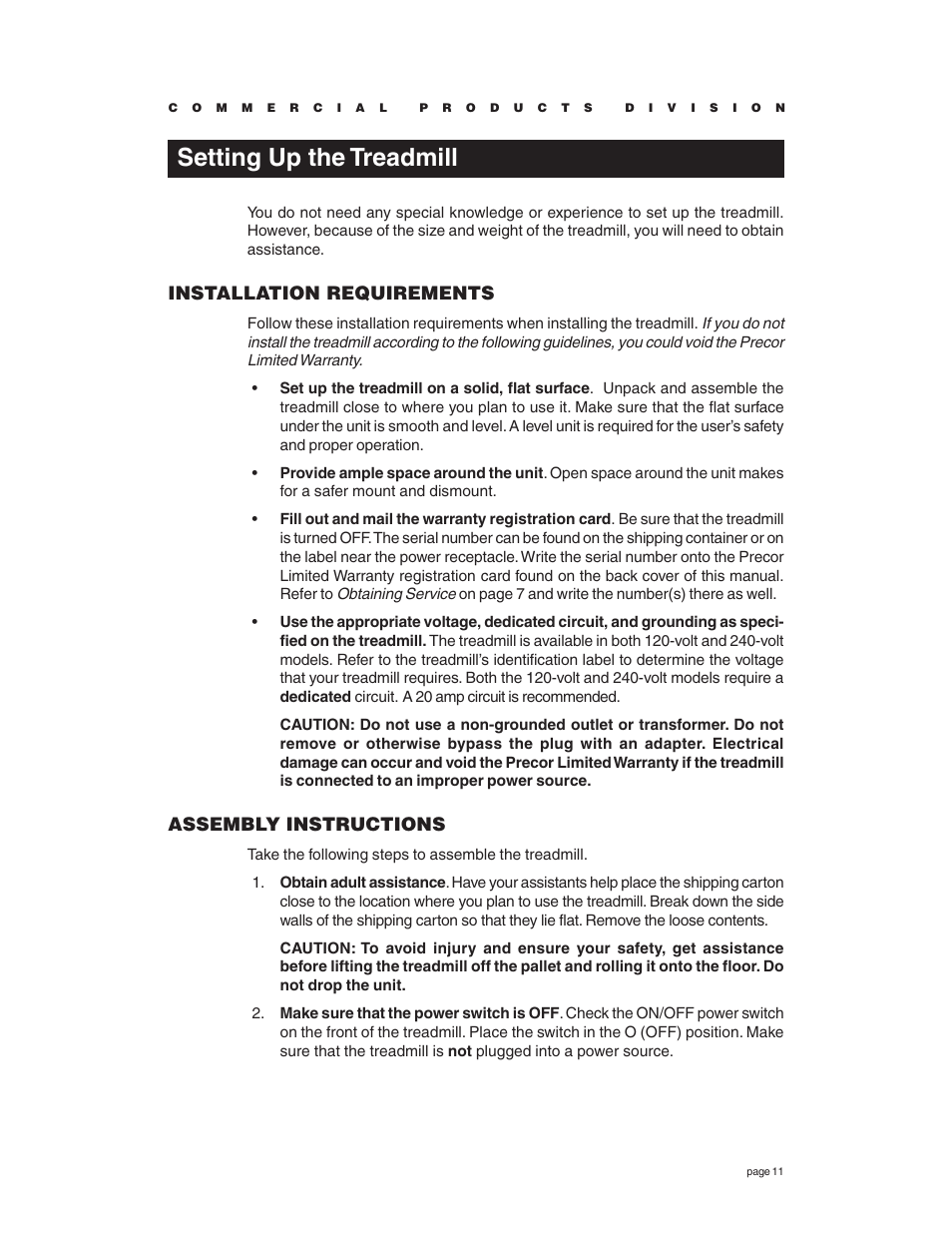 Setting up the treadmill, Installation requirements, Assembly instructions | Precor C936i User Manual | Page 11 / 52