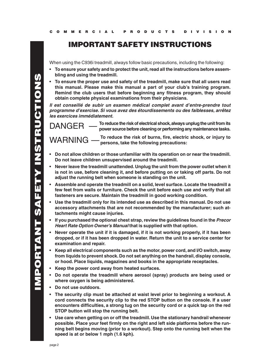 Danger — warning, Impor t ant safety instructions, Important safety instructions | Precor C936i User Manual | Page 2 / 52