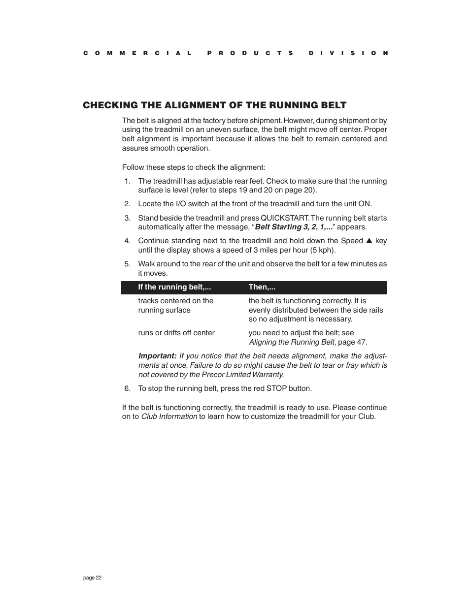 Checking the alignment of the running belt | Precor C936i User Manual | Page 22 / 52