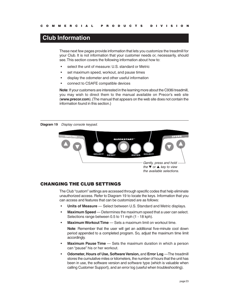 Club information, Changing the club settings | Precor C936i User Manual | Page 23 / 52