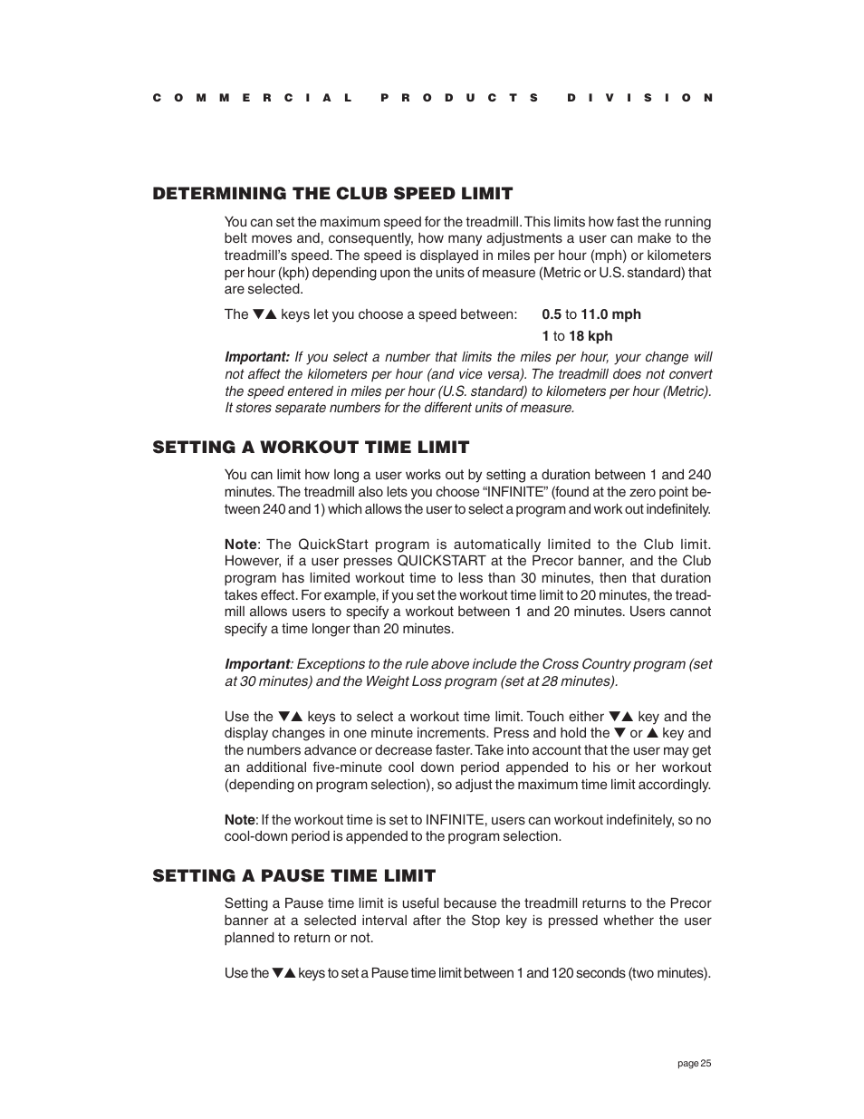 Determining the club speed limit, Setting a workout time limit, Setting a pause time limit | Precor C936i User Manual | Page 25 / 52