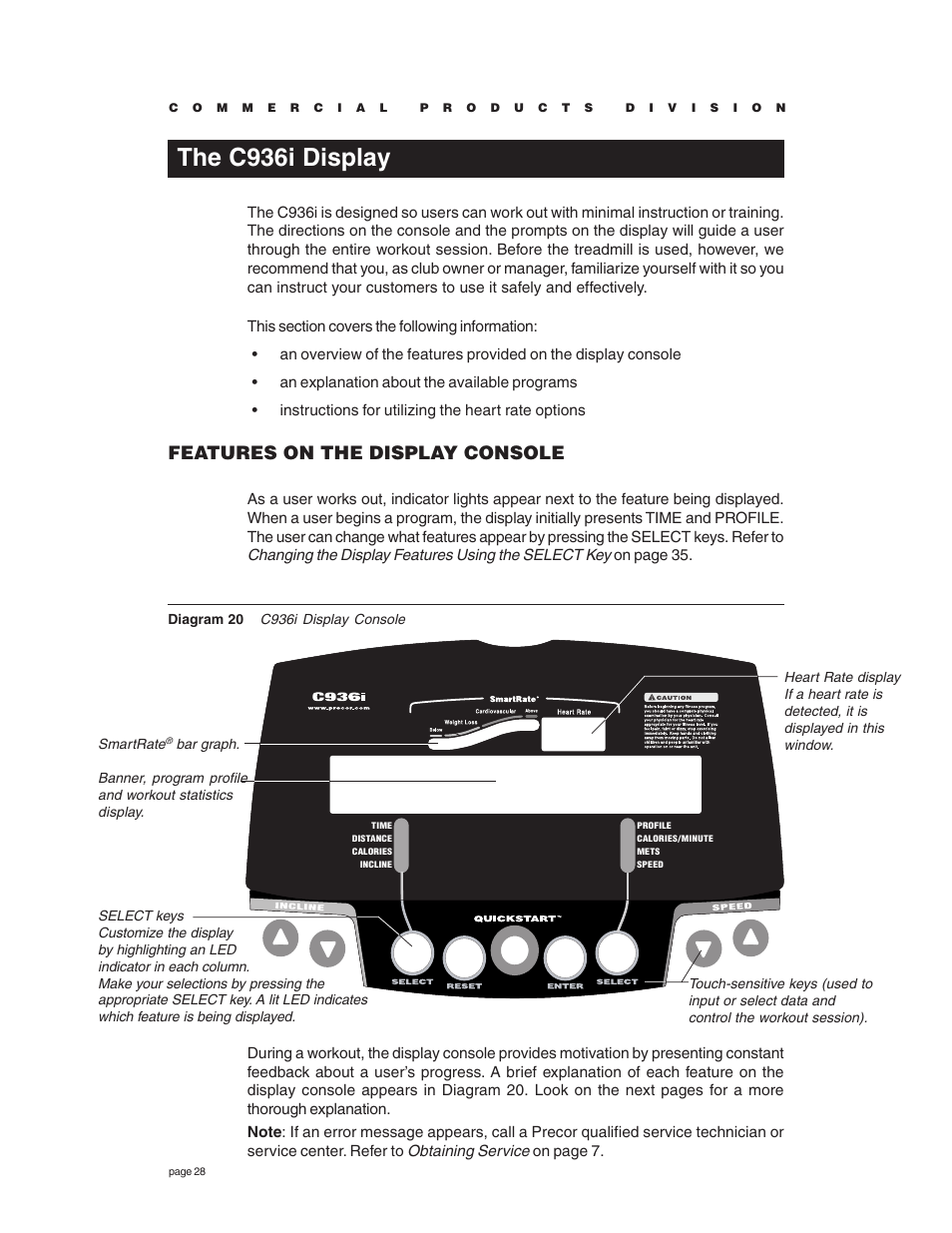 The c936i display, Features on the display console | Precor C936i User Manual | Page 28 / 52