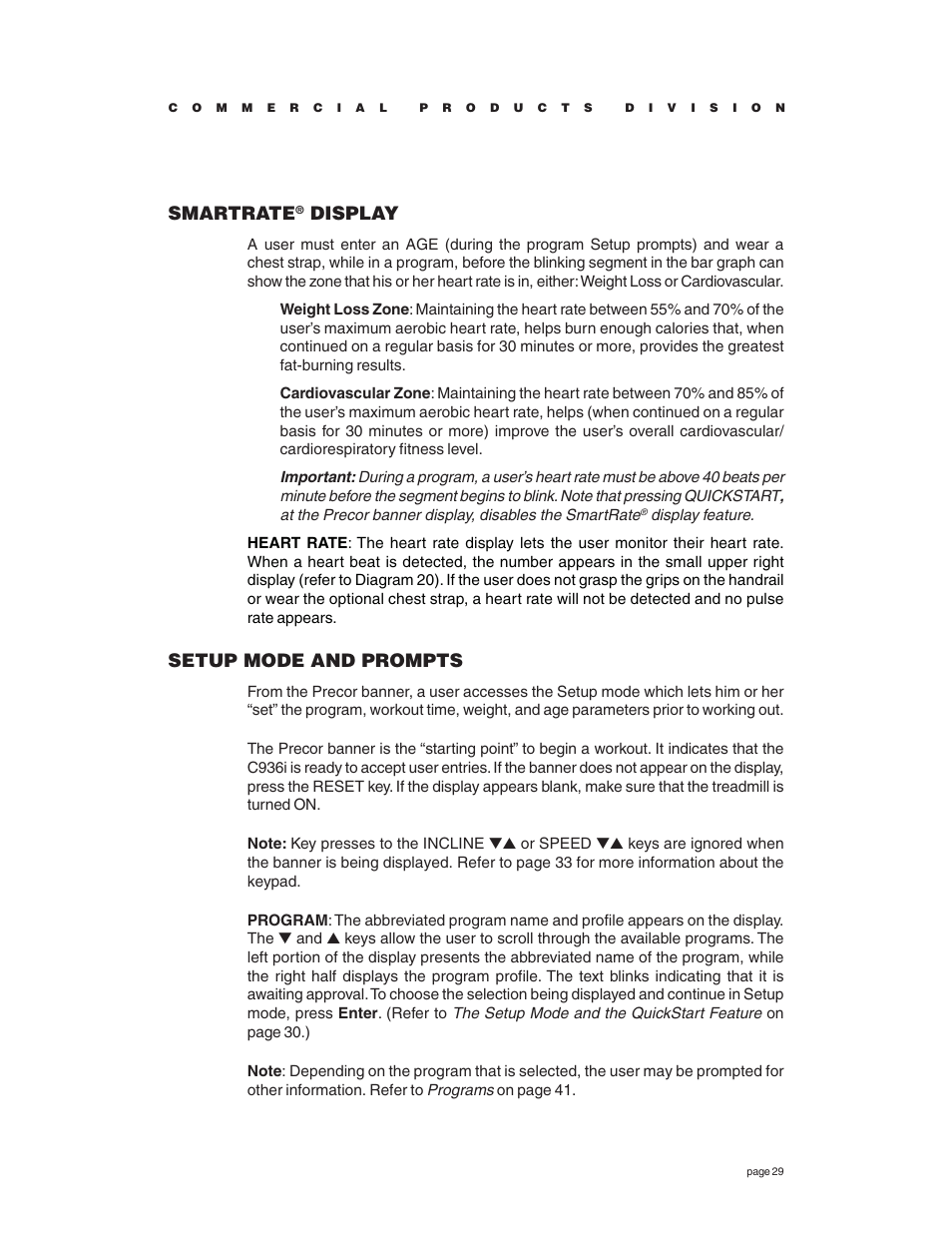 Smartrate, Display, Setup mode and prompts | Precor C936i User Manual | Page 29 / 52