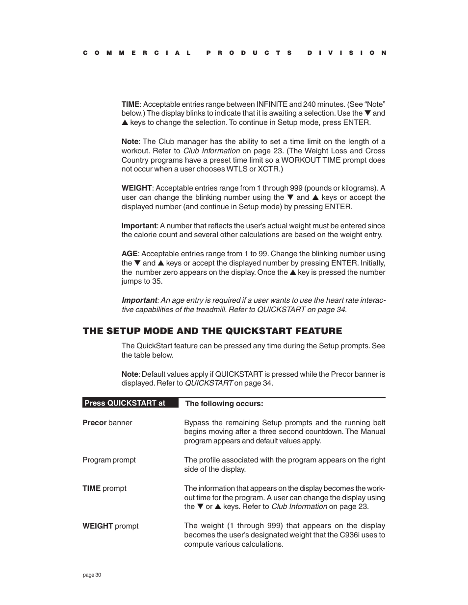 The setup mode and the quickstart feature | Precor C936i User Manual | Page 30 / 52