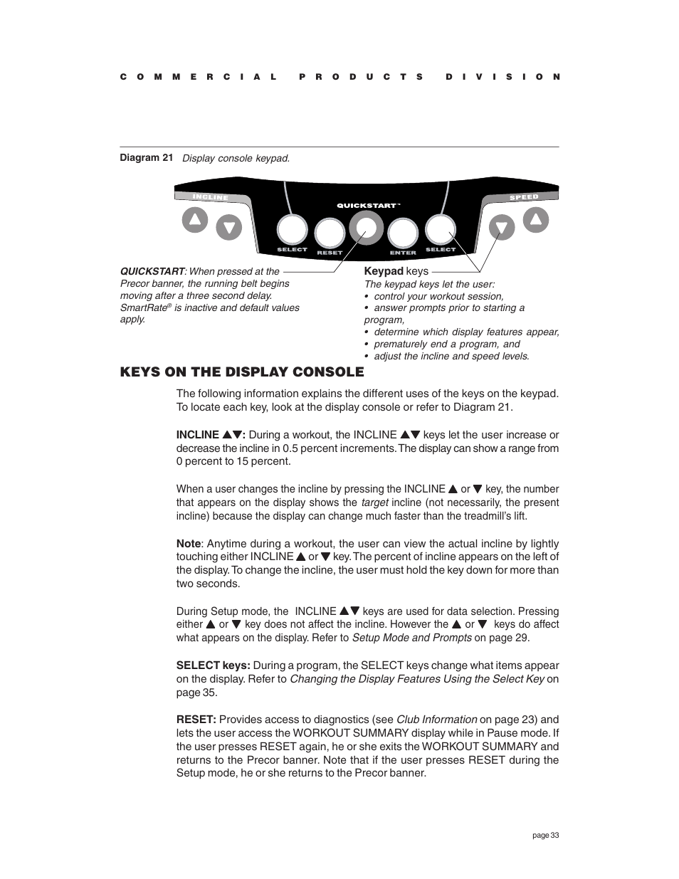 Keys on the display console | Precor C936i User Manual | Page 33 / 52