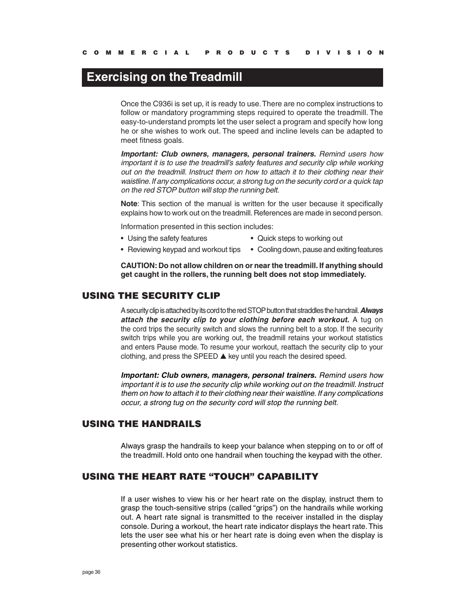 Exercising on the treadmill, Using the security clip, Using the handrails | Using the heart rate “touch” capability | Precor C936i User Manual | Page 36 / 52