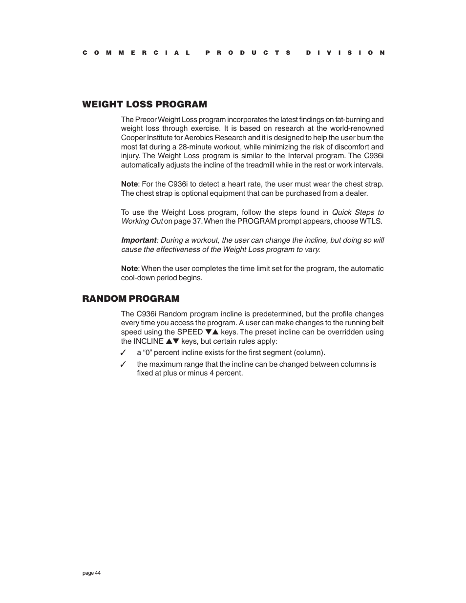 Weight loss program, Random program | Precor C936i User Manual | Page 44 / 52