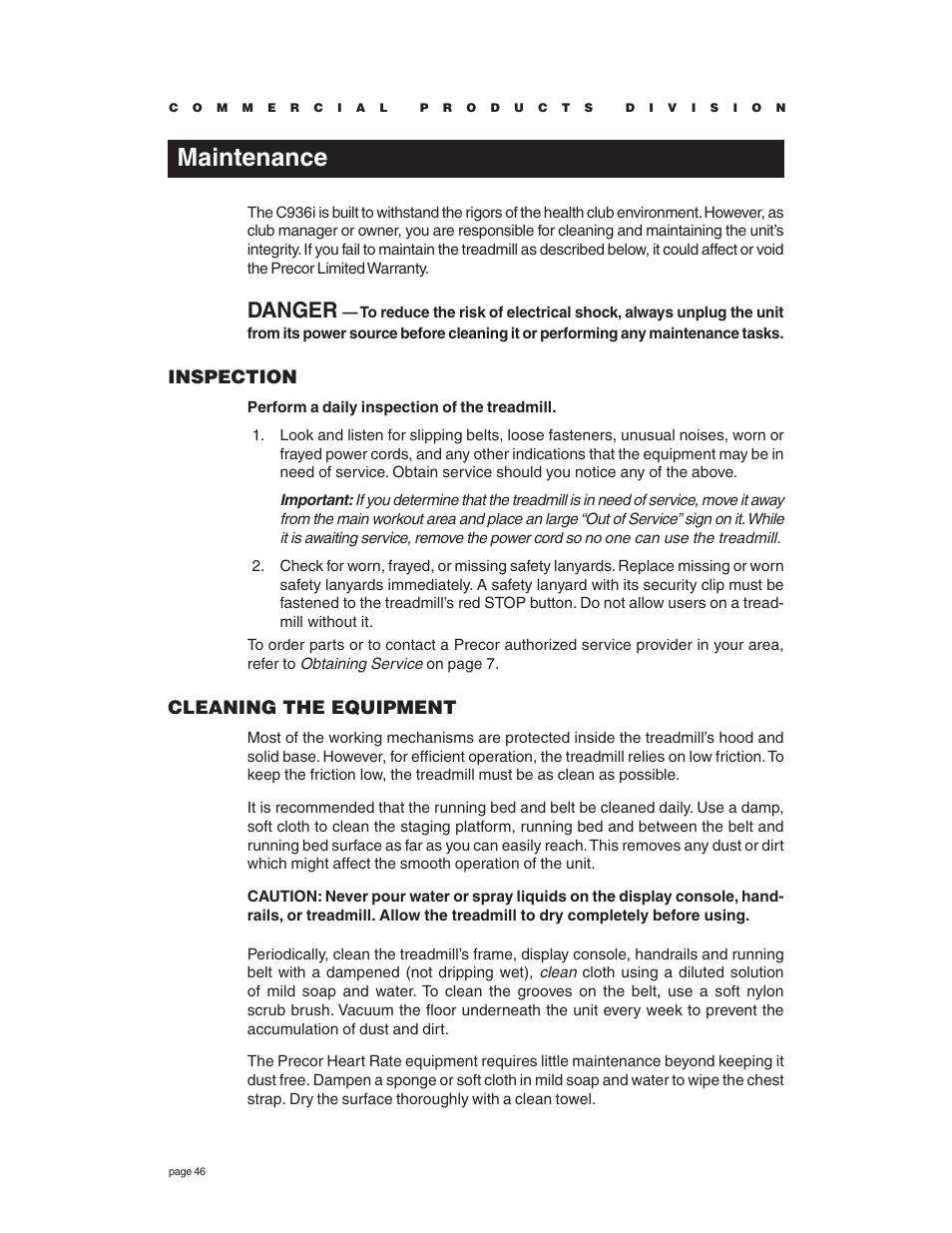 Maintenance, Danger, Inspection | Cleaning the equipment | Precor C936i User Manual | Page 46 / 52