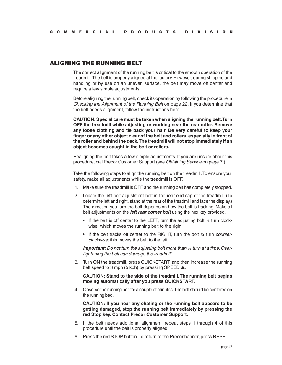 Aligning the running belt | Precor C936i User Manual | Page 47 / 52