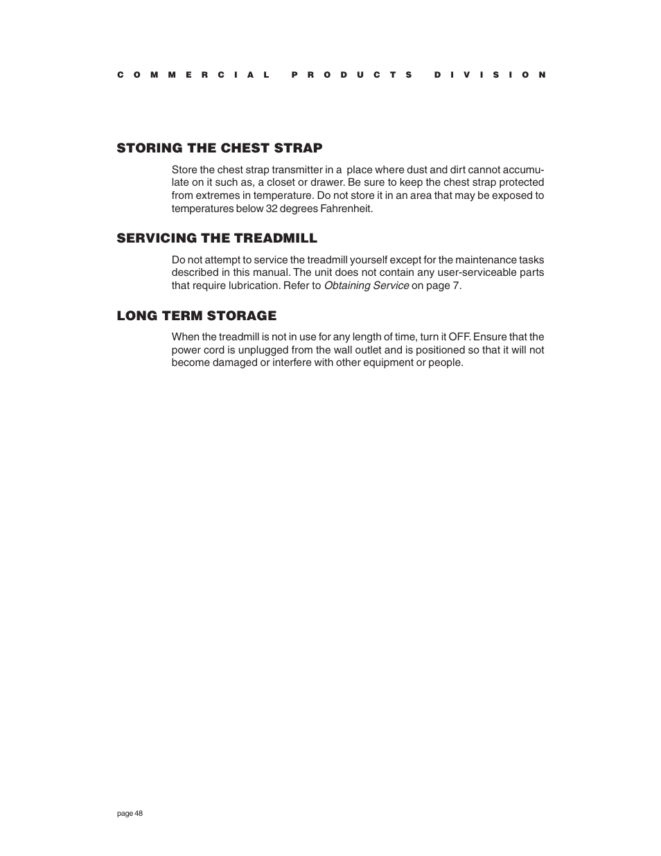 Storing the chest strap, Servicing the treadmill, Long term storage | Precor C936i User Manual | Page 48 / 52