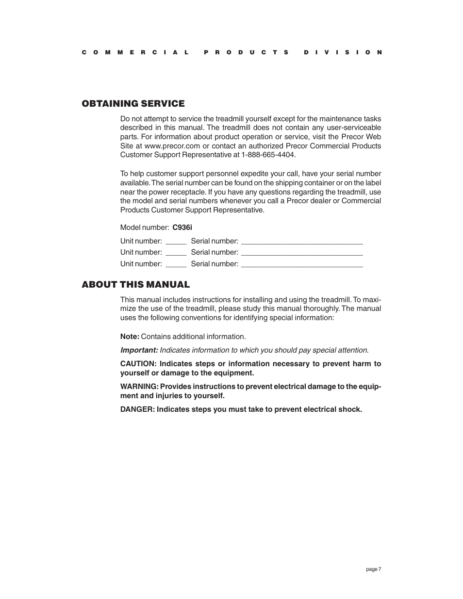 Obtaining service, About this manual | Precor C936i User Manual | Page 7 / 52