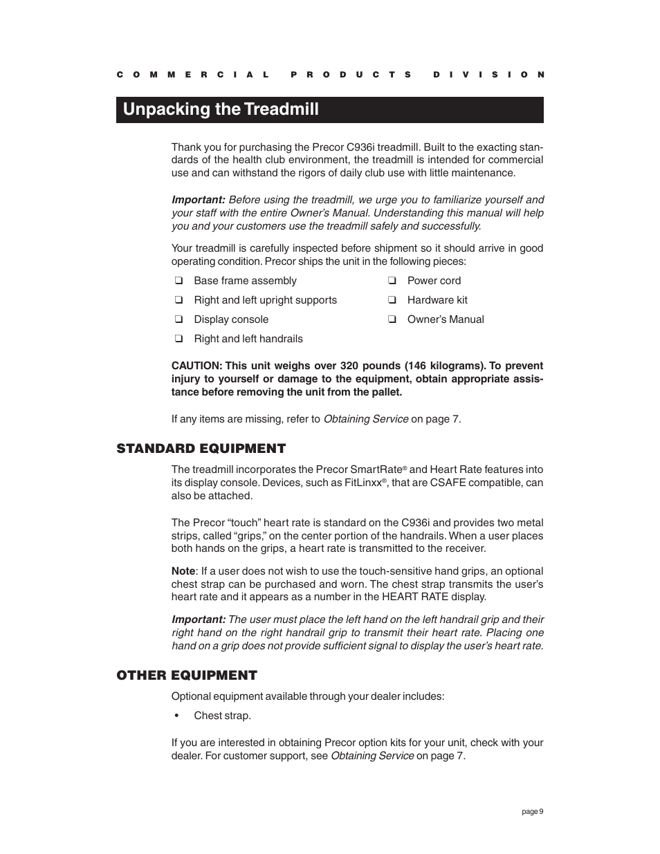 Unpacking the treadmill, Standard equipment, Other equipment | Precor C936i User Manual | Page 9 / 52