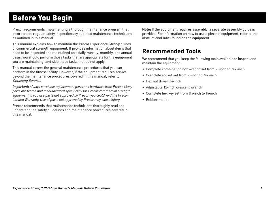Before you begin, Recommended tools | Precor CW34870-101 User Manual | Page 7 / 45
