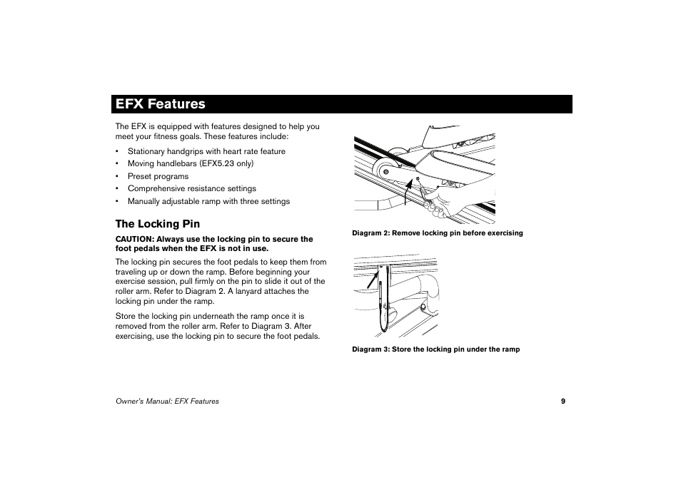 Efx features, The locking pin | Precor EFX 5.23 User Manual | Page 10 / 59